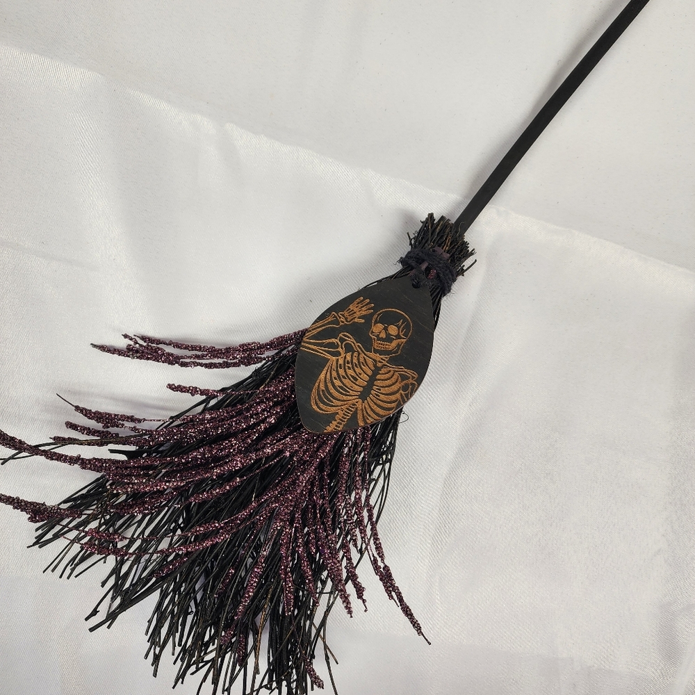 Halloween Witches Broomstick With Skeleton And Purple Glitter Accents - Picture 4 of 5